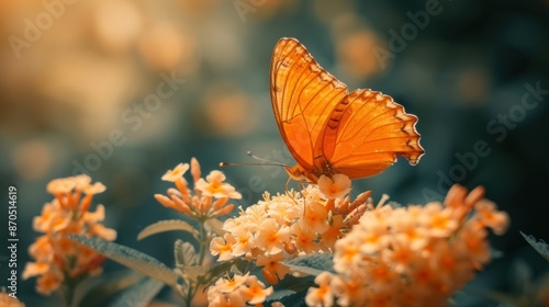 Orange butterflies flying in the garden. spreading wings butterfly on a leaf