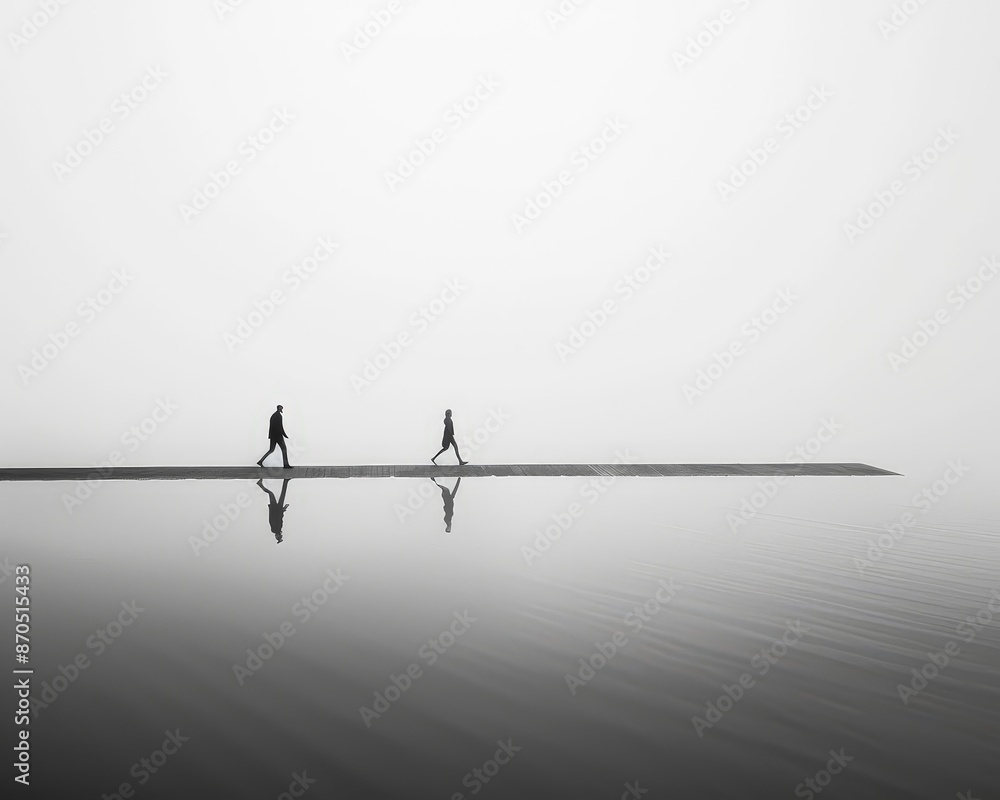 Two figures walk on a narrow path, their reflections mirroring them in the calm water. The minimalist scene evokes a sense of solitude and reflection. Two figures walk on a narrow path, their reflections mirroring them in the calm water. The minimalist scene evokes a sense of solitude and reflection.