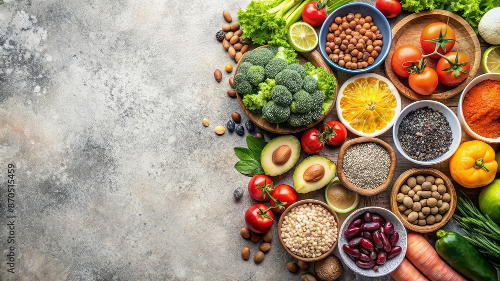 Healthy food clean eating selection on gray concrete background, fruit, vegetable, seeds, superfood, cereal, leaf vegetable Healthy food clean eating selection on gray concrete background, fruit, vegetable, seeds, superfood, cereal, leaf vegetable