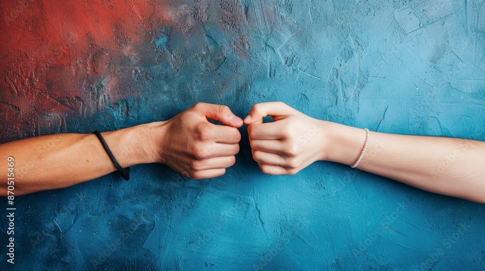 Two fists bump against a colorful background, symbolizing agreement, friendship, or partnership. Two fists bump against a colorful background, symbolizing agreement, friendship, or partnership.