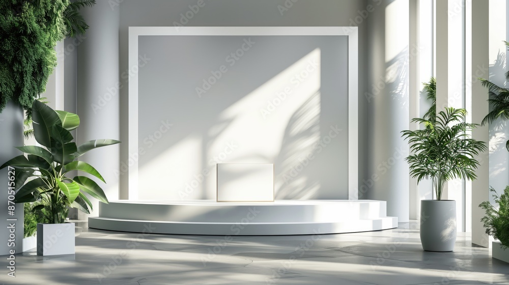 Promo office white blank wall space with podium for promotion advertising mockup on sunny day poster ad banner board format. Generative AI. Promo office white blank wall space with podium for promotion advertising mockup on sunny day poster ad banner board format. Generative AI.