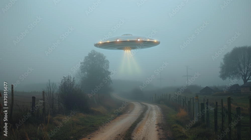 UFO saucer in misty mountains and forest with lights and mysterious atmosphere UFO saucer in misty mountains and forest with lights and mysterious atmosphere