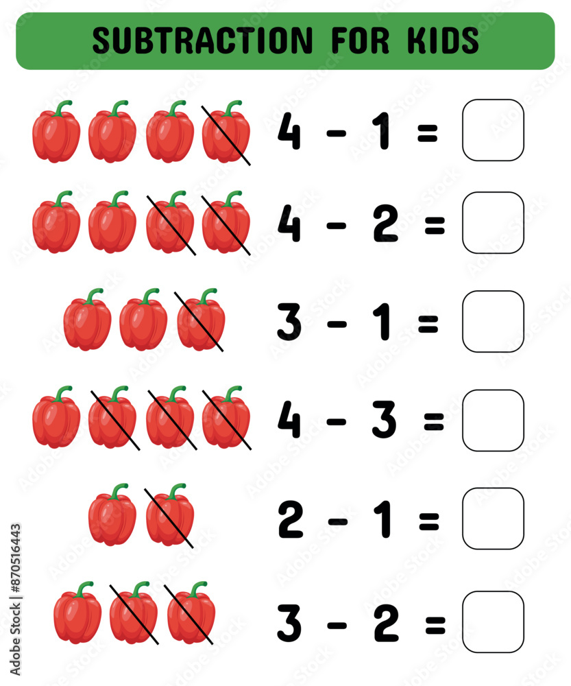 Subtraction game with bell pepper. Educational math game for preschoolers kindergarten. Matching game.Worksheet. Vector illustration. Subtraction game with bell pepper. Educational math game for preschoolers kindergarten. Matching game.Worksheet. Vector illustration.