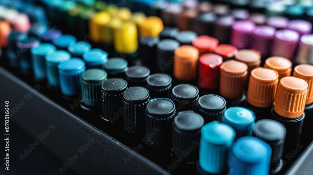 Vibrant collection of assorted markers in a row