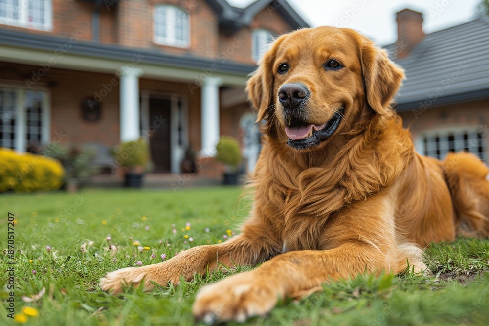 Golden Retriever Relaxing in Front of a House