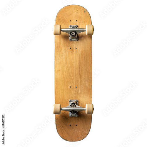 Top view of a wooden skateboard deck with beige wheels and metal trucks on a white background, perfect for sports and recreational activities. photo