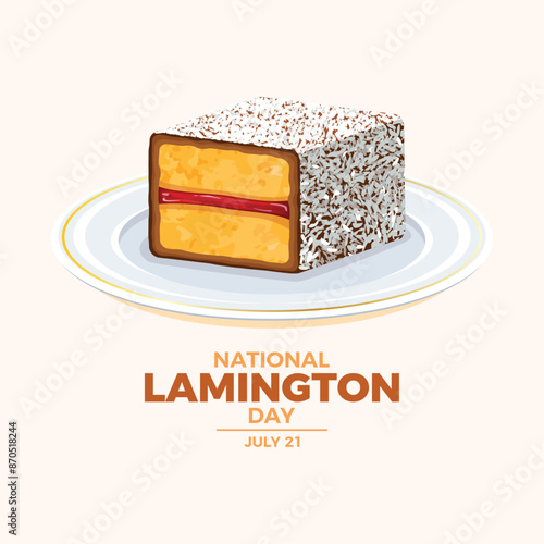 National Lamington Day poster vector illustration. Lamington sponge cake with coconut icon vector. Australian dessert square with jam drawing. Template for background, banner, card. July 21 every year