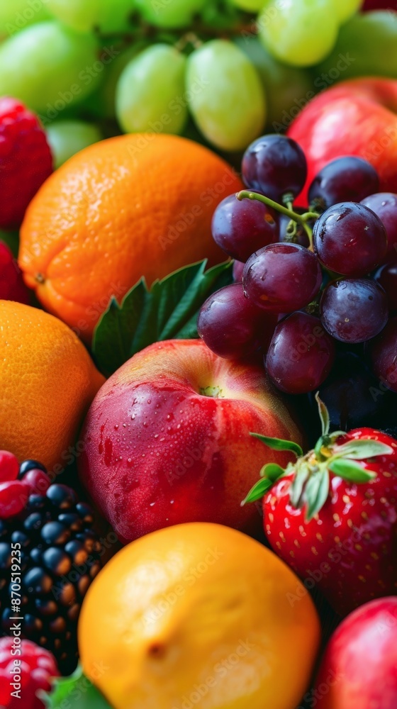 Variety of fresh fruits and vegetables displayed Variety of fresh fruits and vegetables displayed