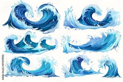 Sea waves collection. Cartoon style illustration of blue ocean waves isolated on white background