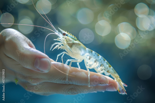 Close up photo of Pacific White shrimp on a hand