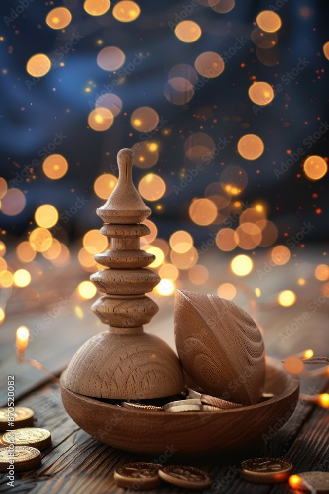 Obraz premium Wooden Bowl Coins Pile