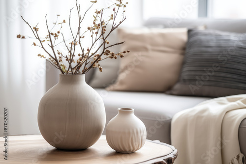 A vase with flowers sits on a wooden table next to a white vase. The table is surrounded by pillows and a blanket, creating a cozy and inviting atmosphere © Rutchaneewan