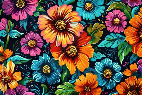 Colorful Flowers on Black Background