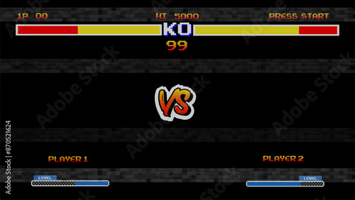 Versus Screen retro game  on glitch background of analog tv 