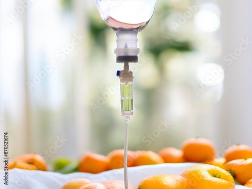 Natural orange fruits vitamin c nutrition iv drip therapy drug treatment concept.