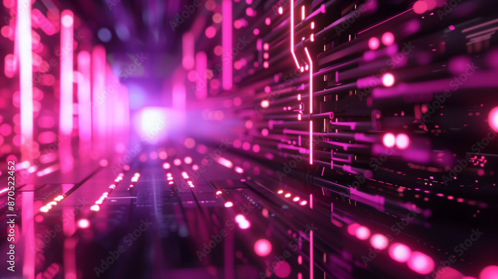 Obraz premium Futuristic digital data flow in a neon-lit tunnel