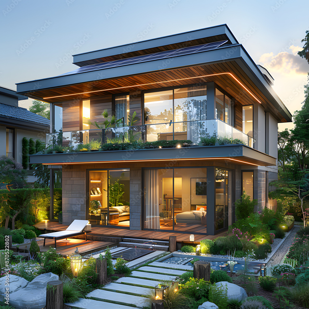 Fototapeta premium Modern luxury house with large windows, beautiful landscaping, and illuminated at dusk, perfect for elegant living.
