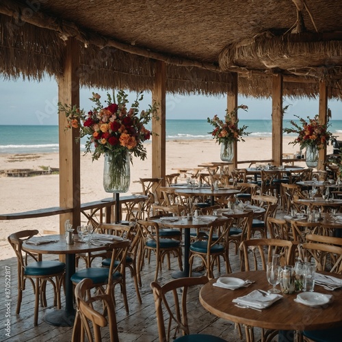 A beachside café with floral centerpieces on the tables. 