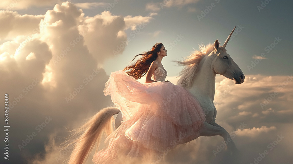 Naklejka premium A lovely young woman on the white unicorn