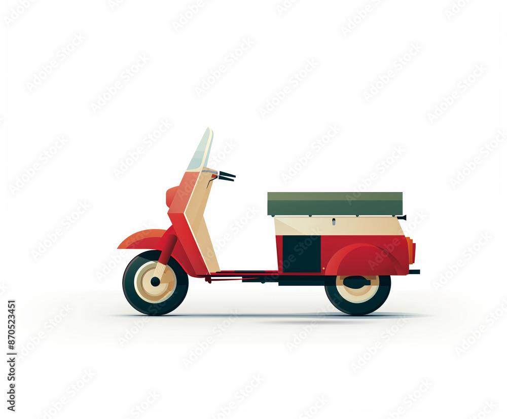 A stylish and colorful digital illustration of a retro scooter, featuring a vibrant red and beige color scheme.