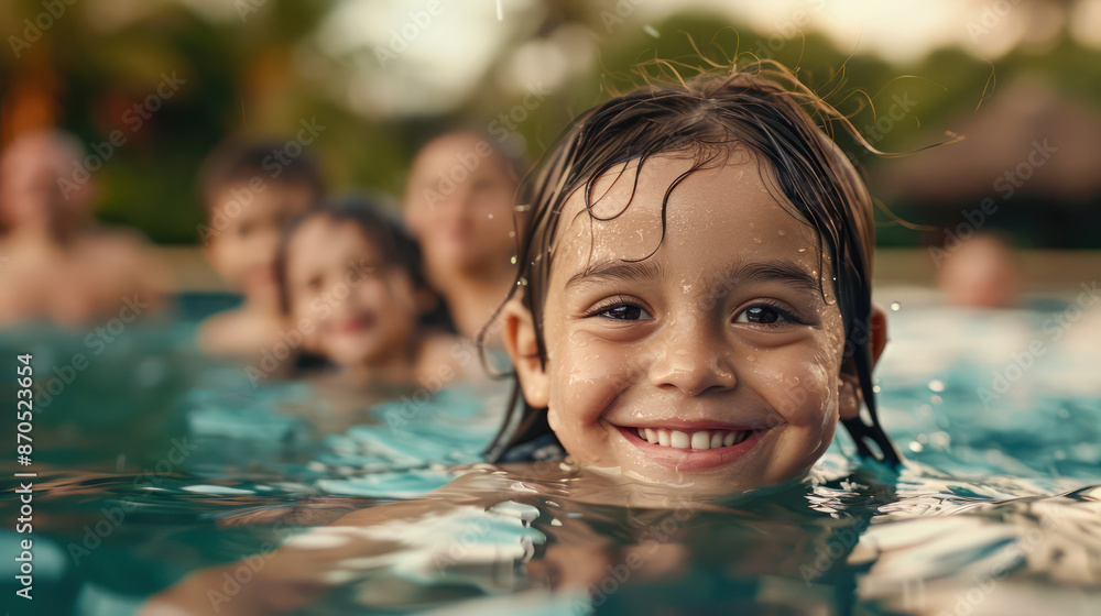 Happy Family Enjoying a Refreshing Dip in the Pool on a Sunny Summer Day, Perfect for Summer Vacation and Poolside Fun Happy Family Enjoying a Refreshing Dip in the Pool on a Sunny Summer Day, Perfect for Summer Vacation and Poolside Fun