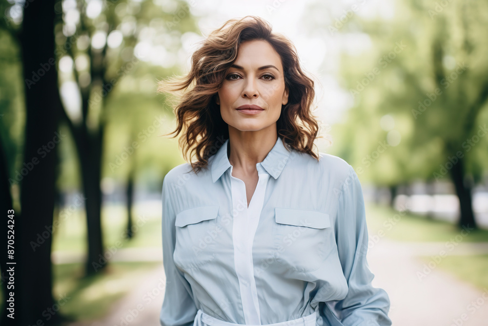 Caucasian Middle Aged Woman in Park with Trees and Pathway Caucasian Middle Aged Woman in Park with Trees and Pathway