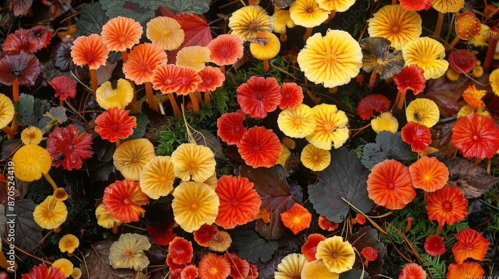Fungi carpet the forest floor, their myriad shapes and colors a testament to nature's diversity. Fungi carpet the forest floor, their myriad shapes and colors a testament to nature's diversity.