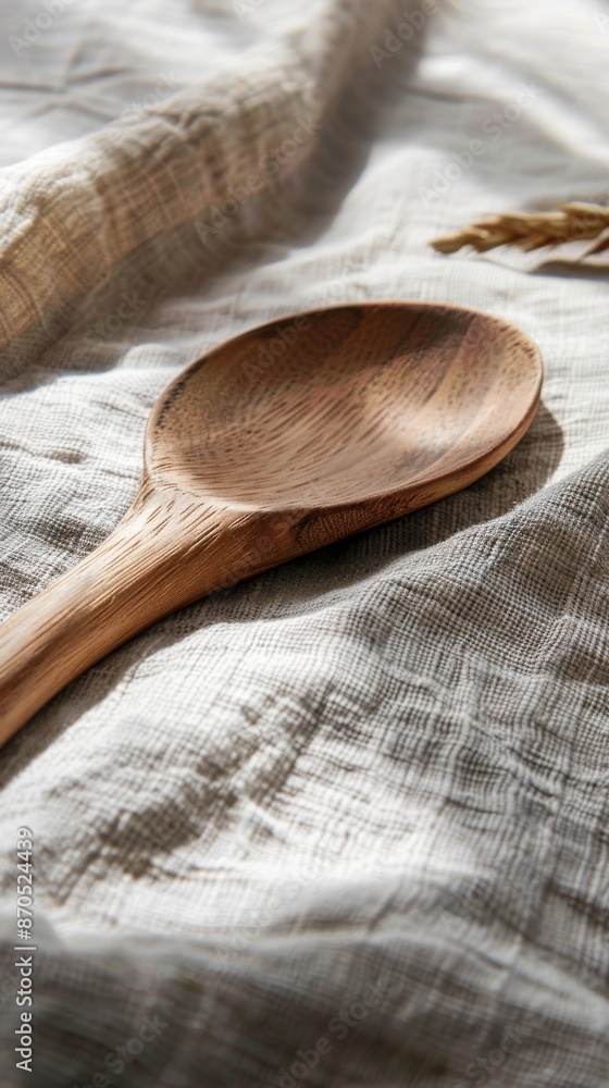 Wooden spoon on textured fabric background, natural kitchen utensil concept Wooden spoon on textured fabric background, natural kitchen utensil concept