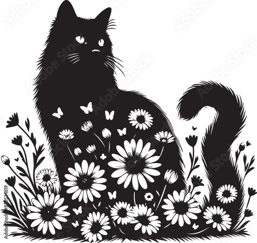 Cat Daisy cat black color silhouette with vector illustration