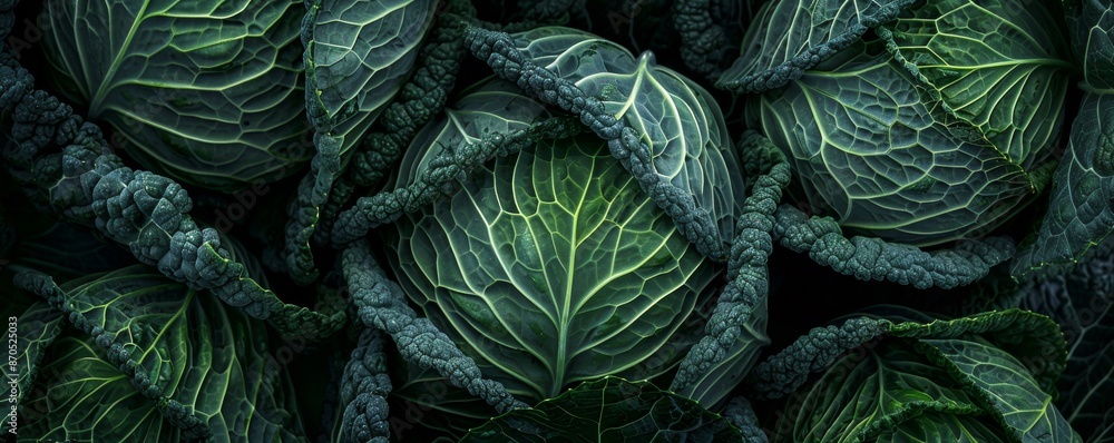 Obraz premium Close-up of fresh green cabbages with textured leaves in a garden