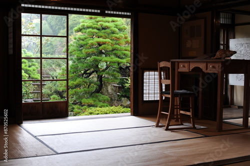 Old traditional japanese room in a house and residence with beautiful green garden