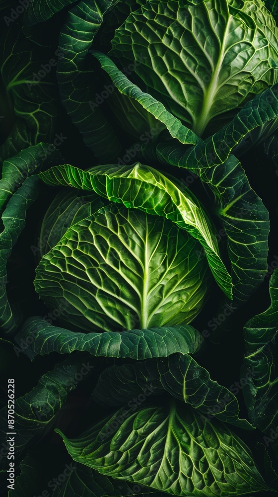 Obraz premium Close-up of fresh green cabbage leaves