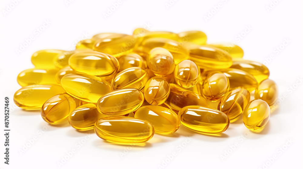 Fish oil gel capsules isolated on white background. Pile of yellow fish oil capsules isolated on white background. Omega-3 fish oil capsules. Close-up of yellow fish oil capsules. Fish oil gel capsules isolated on white background. Pile of yellow fish oil capsules isolated on white background. Omega-3 fish oil capsules. Close-up of yellow fish oil capsules.