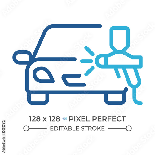 Car paint two color line icon. Vehicle maintenance service. Auto restoration. Car and spray paint bicolor outline symbol. Duotone linear pictogram. Isolated illustration. Editable stroke