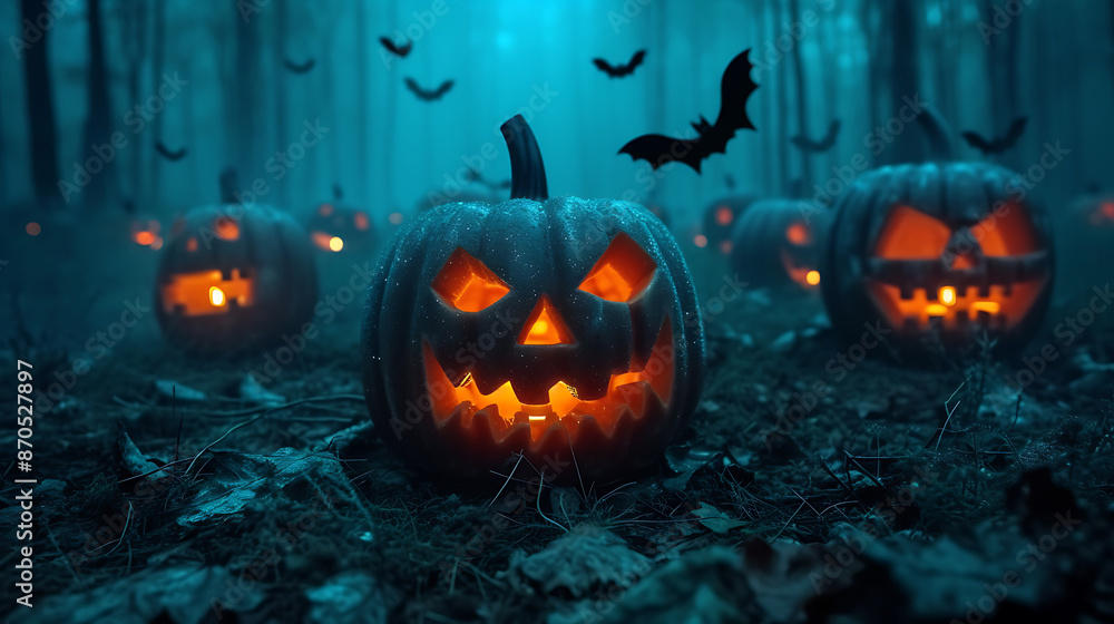 Halloween background with pumpkins and bats on dark night Halloween background with pumpkins and bats on dark night