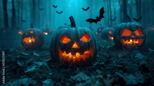 Halloween background with pumpkins and bats on dark night