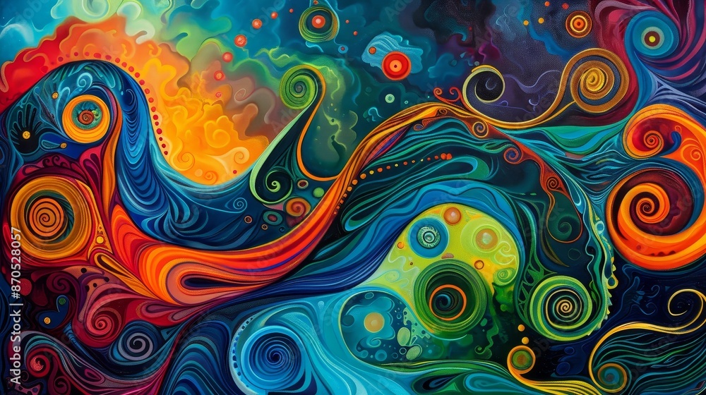 A colorful painting of a wave with a yellow sun in the background A colorful painting of a wave with a yellow sun in the background