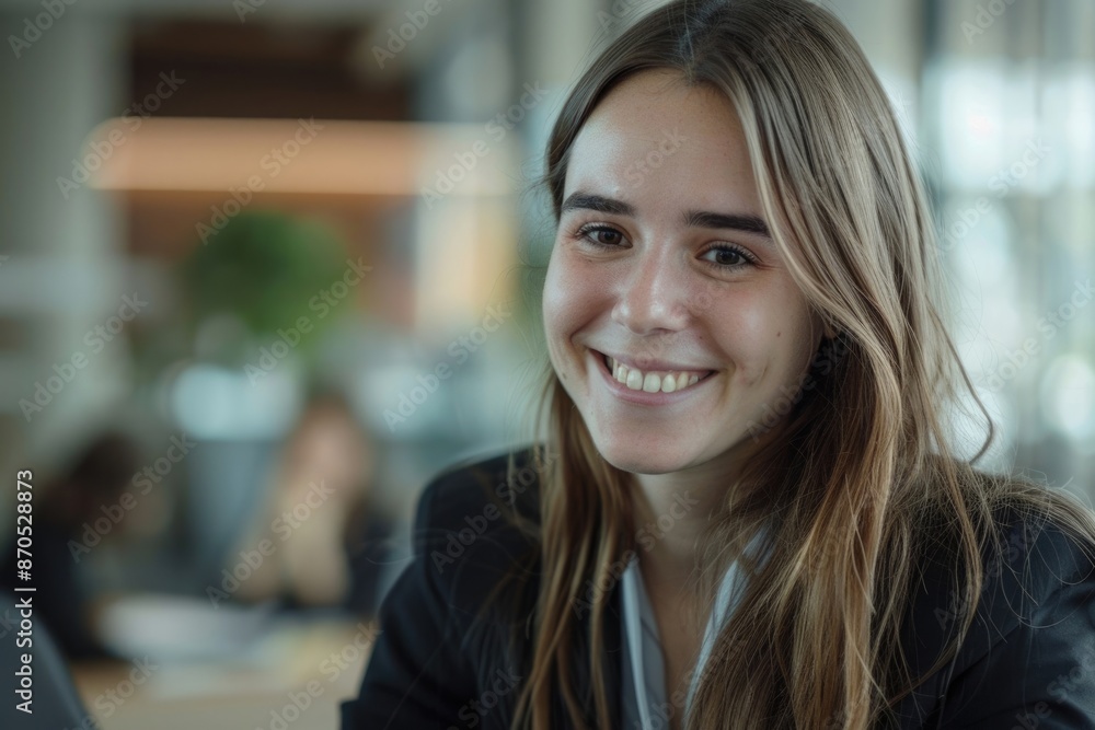 Female employee smiling during job interview. Female employee smiling during job interview.