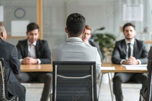 Business   young man explaining about his profile to business managers sitting in job Interview.