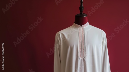 Men's white shalwar qamiz displayed on a mannequin with a burgundy background. photo