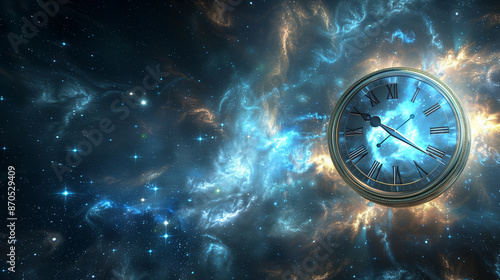 Timeless Space, Clock Concept Floating in Cosmic Void, Cosmic Time, Clock Symbolism in Outer Space, Time Unbound, Clock Floating in the Celestial Expanse