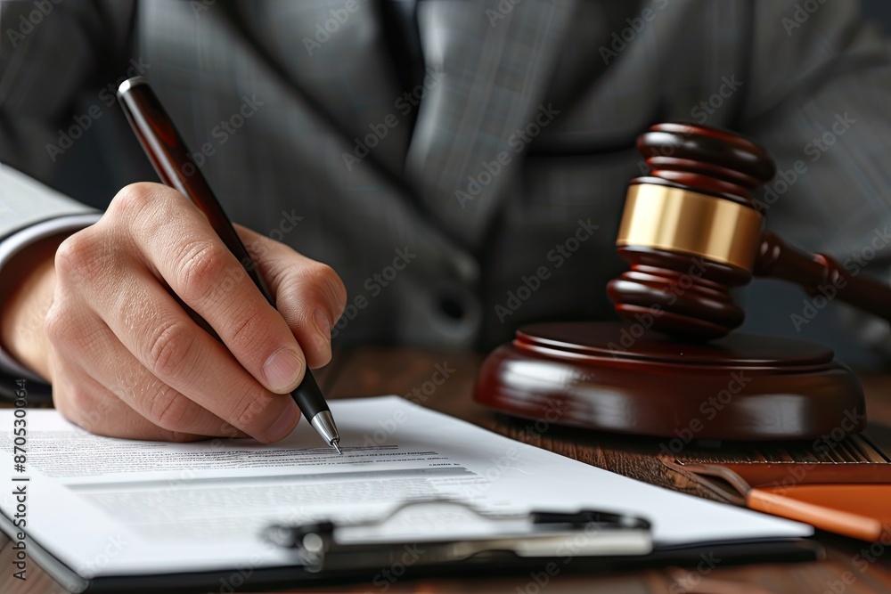 Male lawyer working with contract papers at table in office, closeup Male lawyer working with contract papers at table in office, closeup