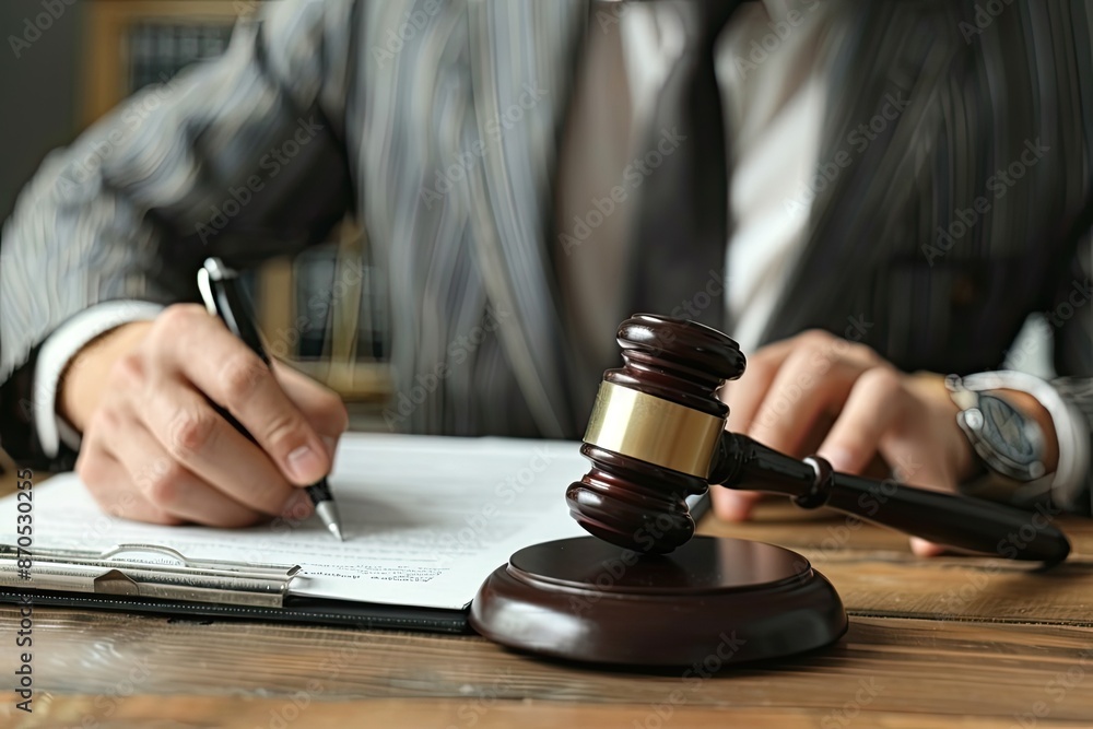 Male lawyer working with contract papers at table in office, closeup Male lawyer working with contract papers at table in office, closeup