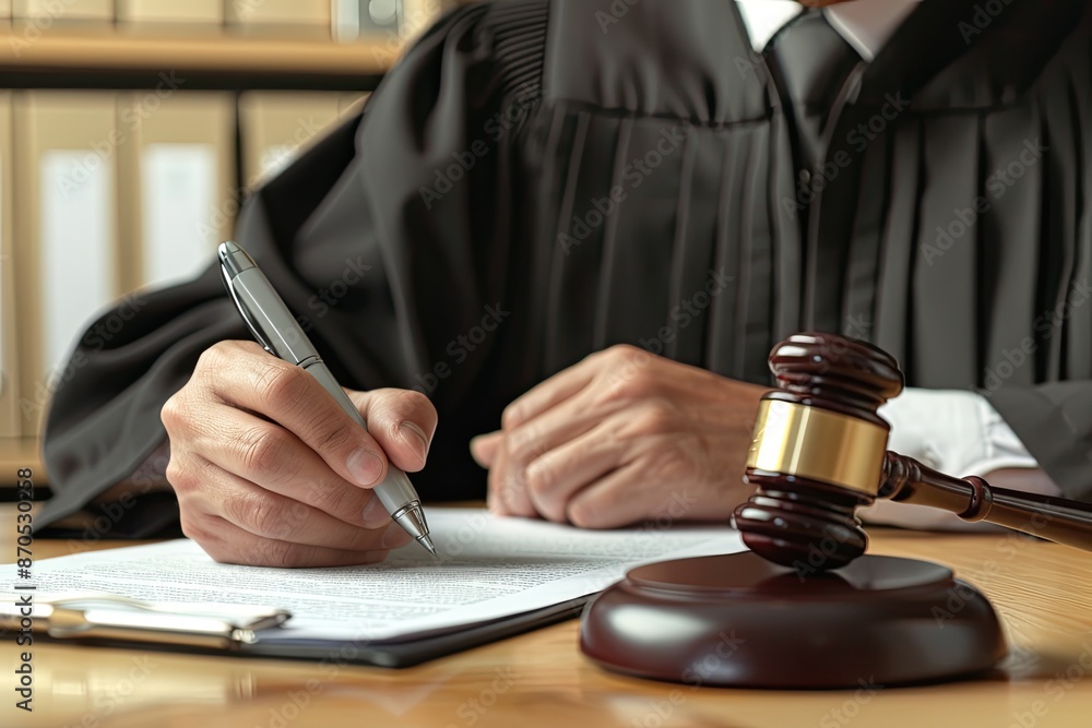 Male lawyer working with contract papers at table in office, closeup Male lawyer working with contract papers at table in office, closeup