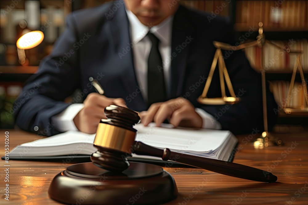 Male lawyer working with contract papers at table in office, closeup Male lawyer working with contract papers at table in office, closeup