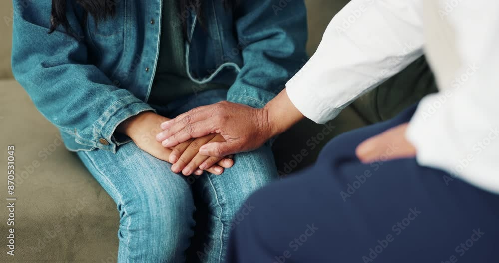 Comfort, hands and psychologist with child in session for empathy, emotions or feelings for mental health. Wellness, support and therapist console kid patient in consultation at psychiatry office Comfort, hands and psychologist with child in session for empathy, emotions or feelings for mental health. Wellness, support and therapist console kid patient in consultation at psychiatry office