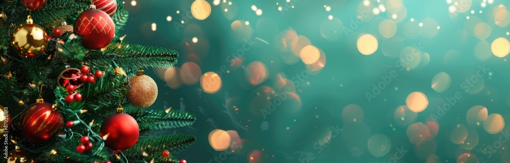 Christmas tree with red and golden decorations on a green background with blurred lights Christmas tree with red and golden decorations on a green background with blurred lights