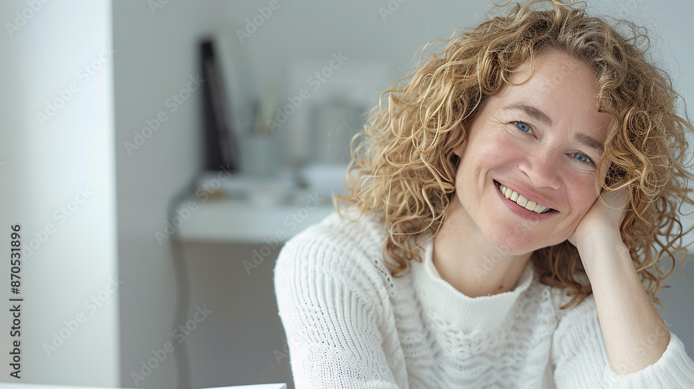 Businesswoman with curly hair in her home office. Businesswoman with curly hair in her home office.
