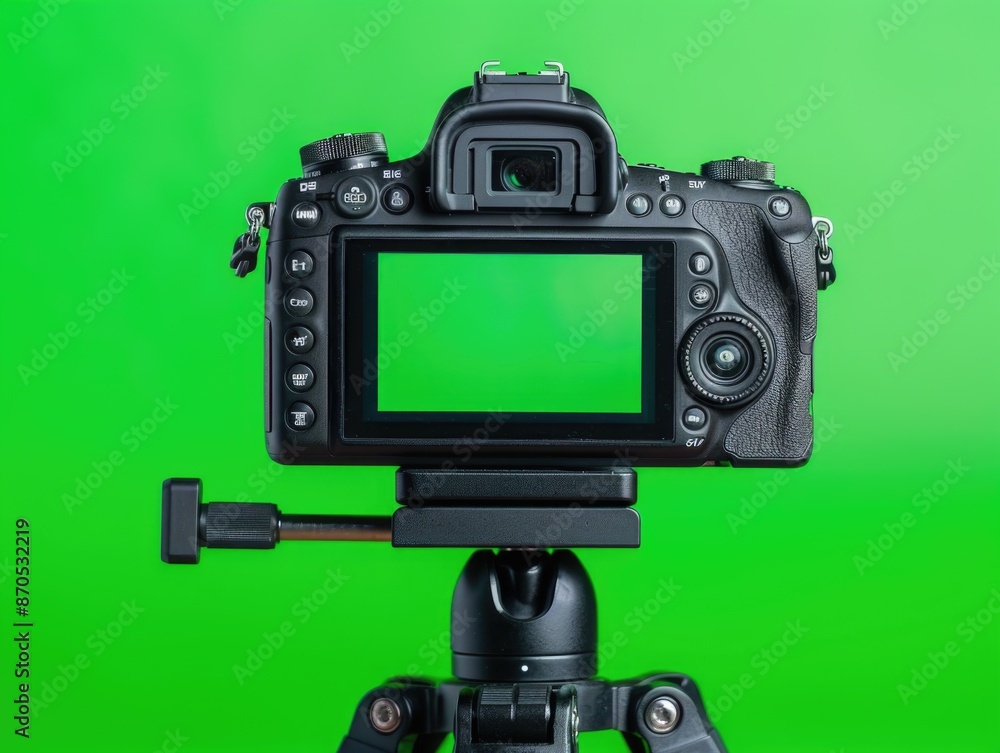 Photographer using tripod and green screen Photographer using tripod and green screen