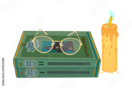 Candle and eyeglasses on books on white background. Magic, esoteric, witchcraft or mystery book. Relaxation at home. Bookstore, bookshop, library, book lover, education concept. Vector illustration